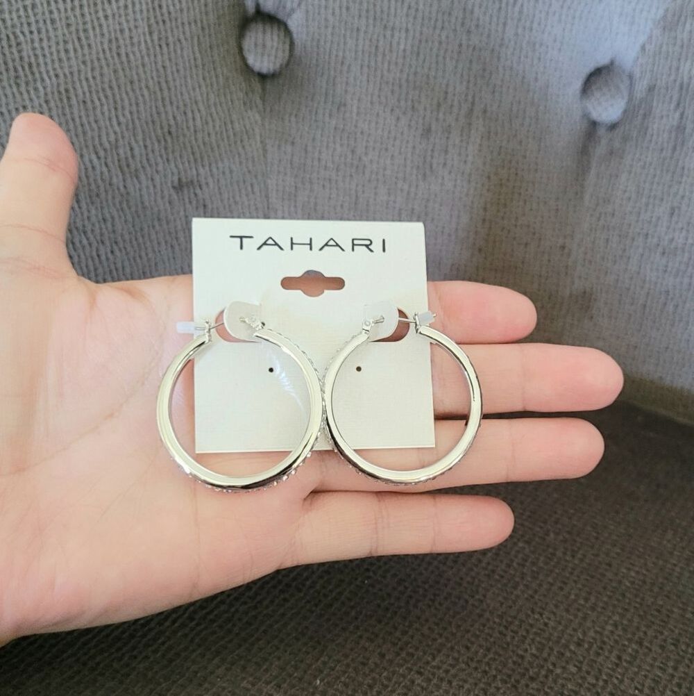 Tahari Cubic Zirconia💎 Lined Silver Hoop Earrings - Picture 9 of 16